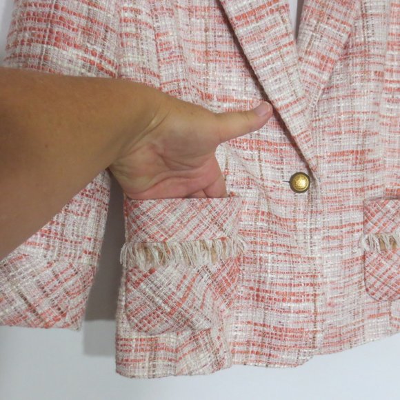 Cach'e Jacket Cream Coral Woven Textured Classic Lines Sculpted Blazer Size 8 - Picture 4 of 11